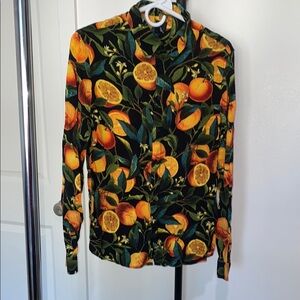 H&M Men's Casual Button Down Shirt - Orange and Green Print